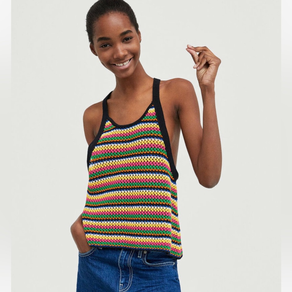 Zara Rainbow Stripe Crochet Knit Tank Top Small